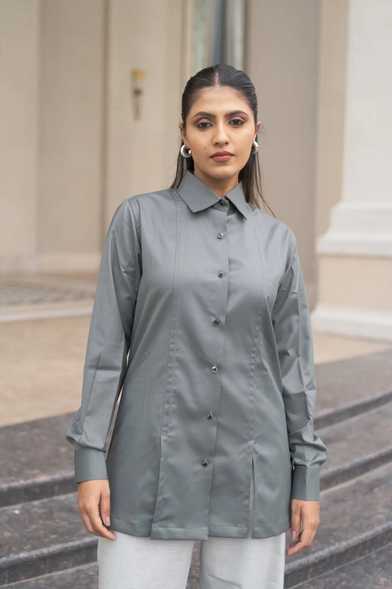 , MidWeek Women's Formal Wear - Workwear Style India, Regal Ash Long Shirt - Midweek - Shirt