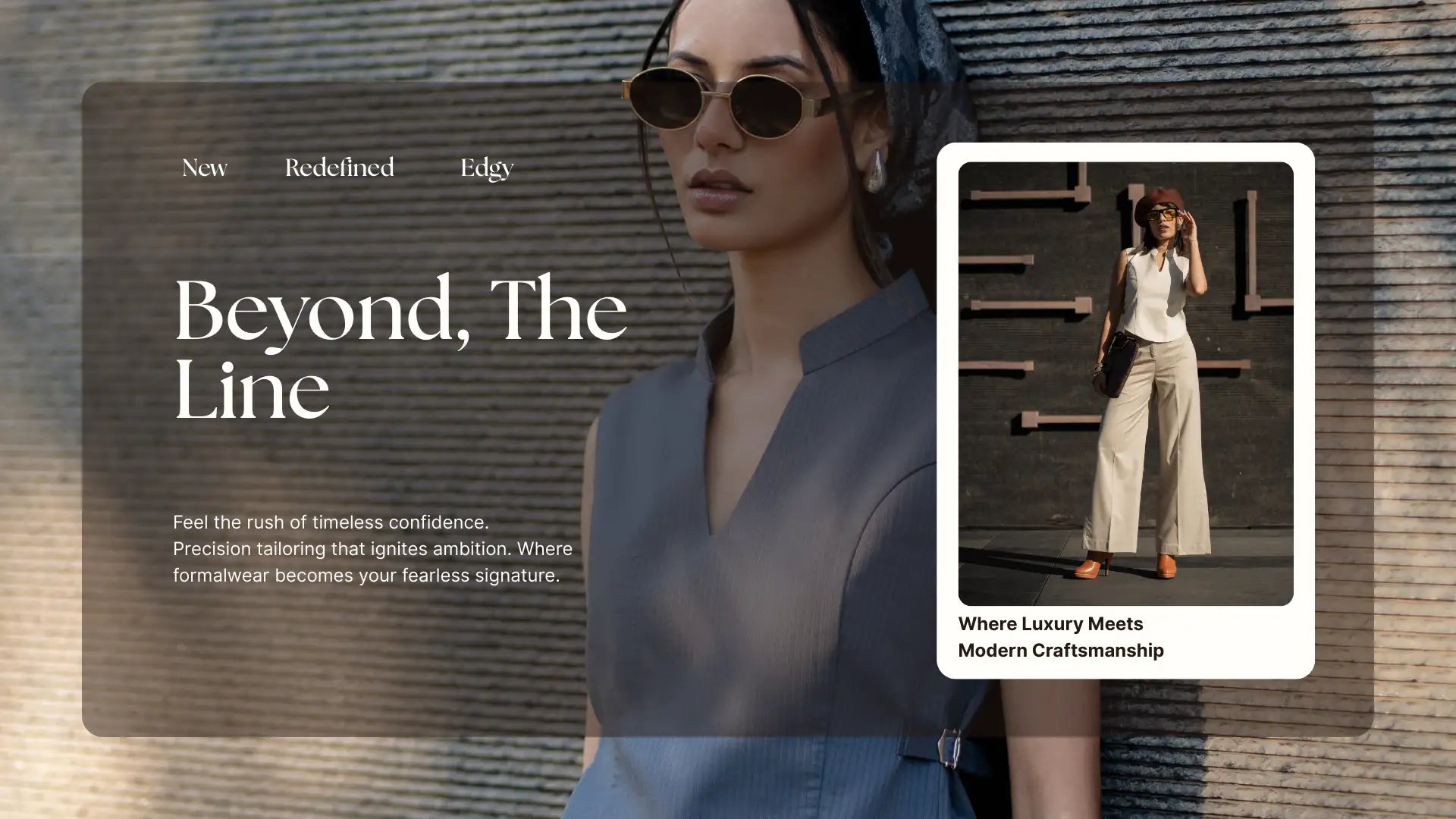 Woman in sunglasses and a blue outfit with text 'Beyond, The Line' on a textured background.