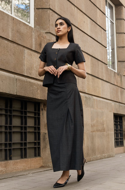 Carbon Black Skirt with side pleats