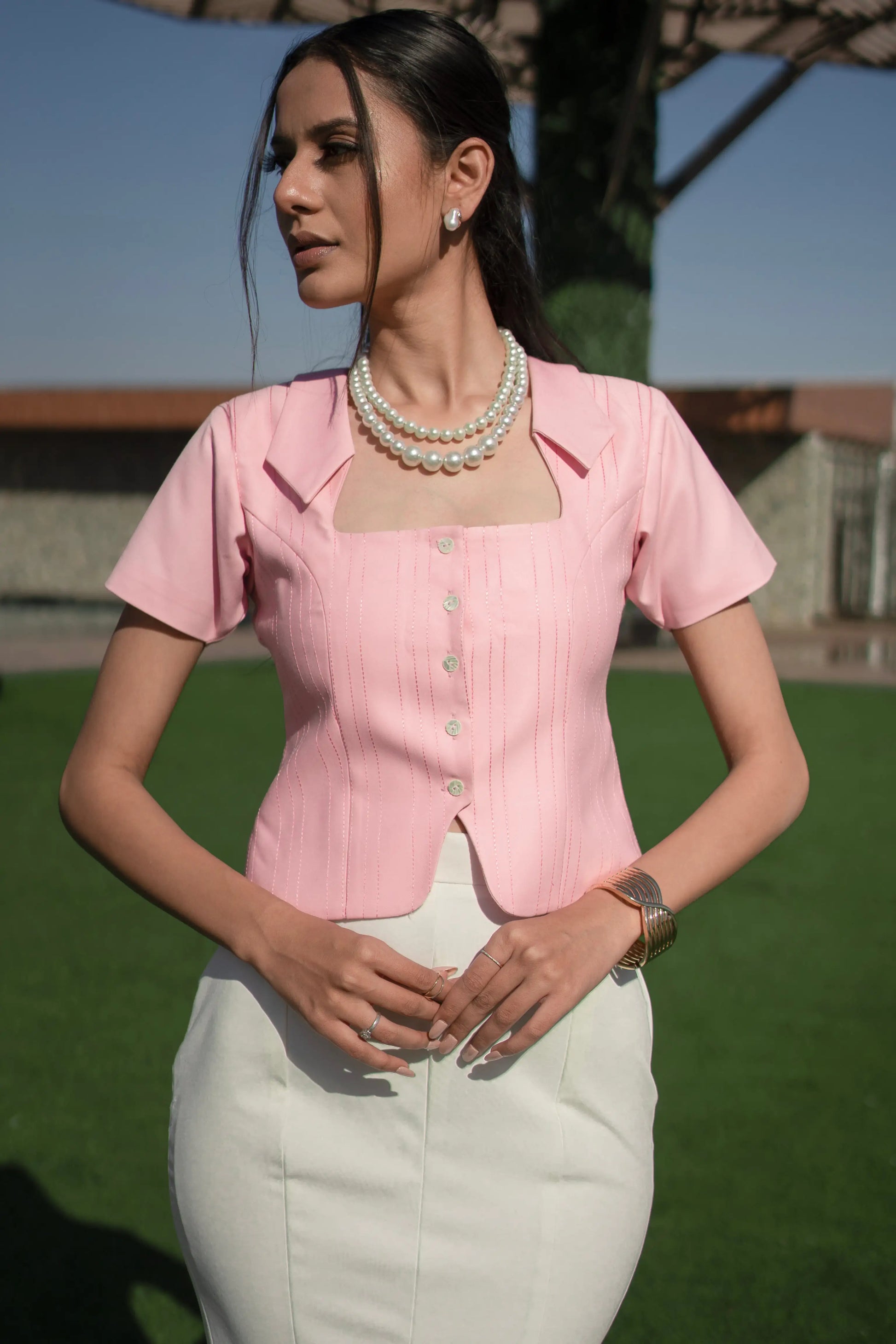 Gentle Line Waistcoat styled on model — women's formalwear, Midweek