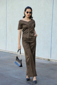 Golden Hour Set, MidWeek Women's Formal Wear - Workwear Style India, MidWeek Women's Formal Wear - Workwear Style India, Woman in a brown outfit standing against a light gray wall.