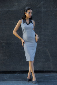 Beyond Threshold Dress, MidWeek Women's Formal Wear - Workwear Style India, Woman wearing a sleeveless gray dress with black collar against a dark background