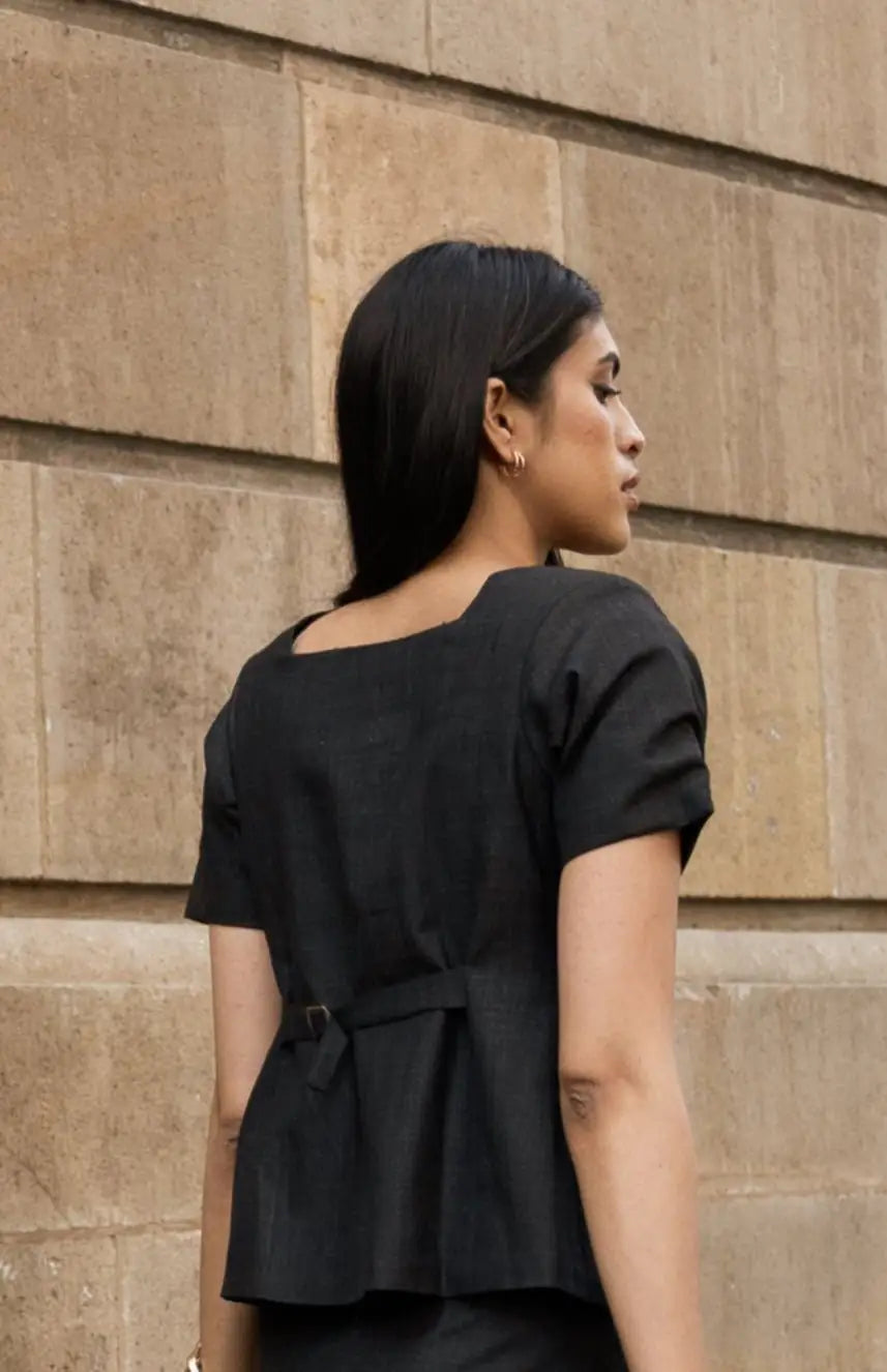 Carbon Black square-neck waistcoat detail — formal waistcoat for women, Midweek