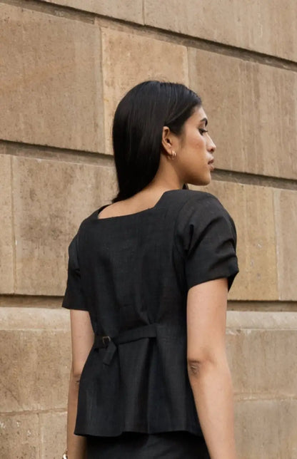 Carbon Black square-neck waistcoat detail — formal waistcoat for women, Midweek