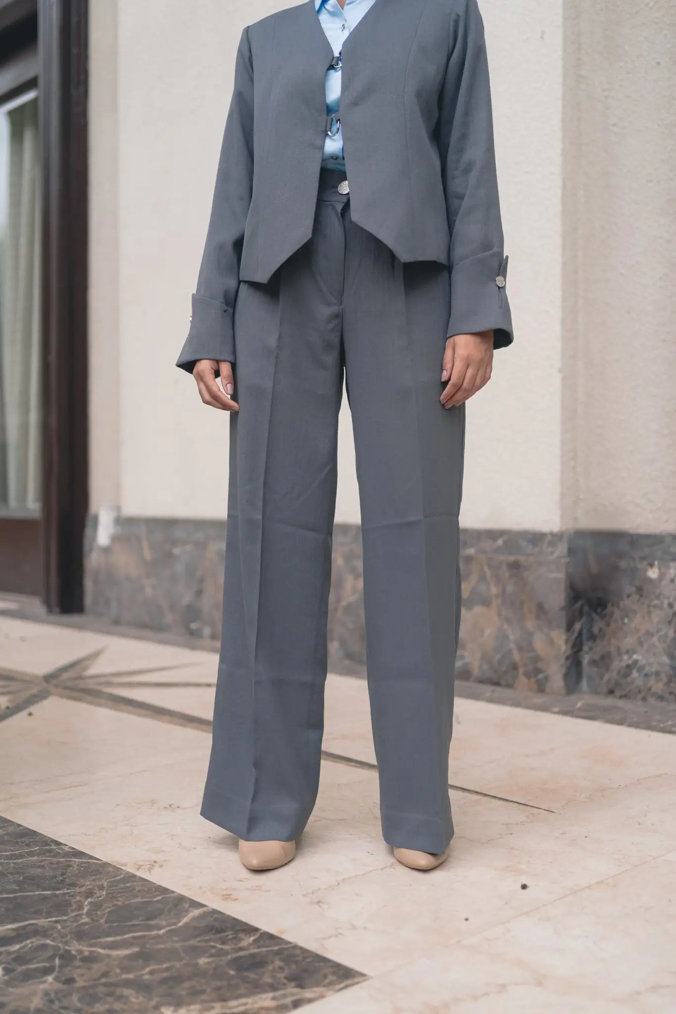 , MidWeek Women's Formal Wear - Workwear Style India, Gunmetal Grey Jacket Set - Midweek - Set
