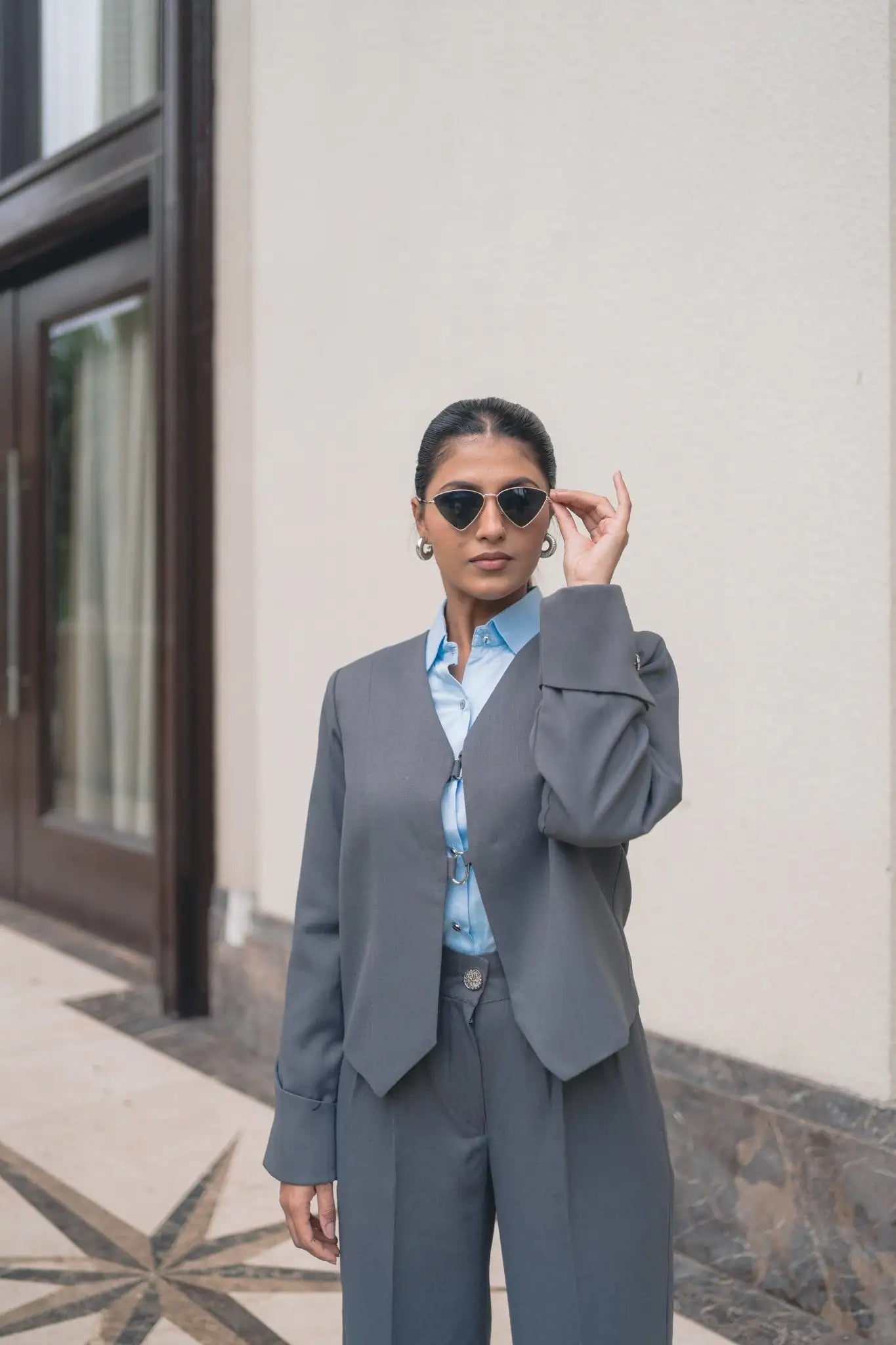 Gunmetal Grey Jacket Set, MidWeek Women's Formal Wear - Workwear Style India, Gunmetal Grey Jacket Set - Midweek - Set