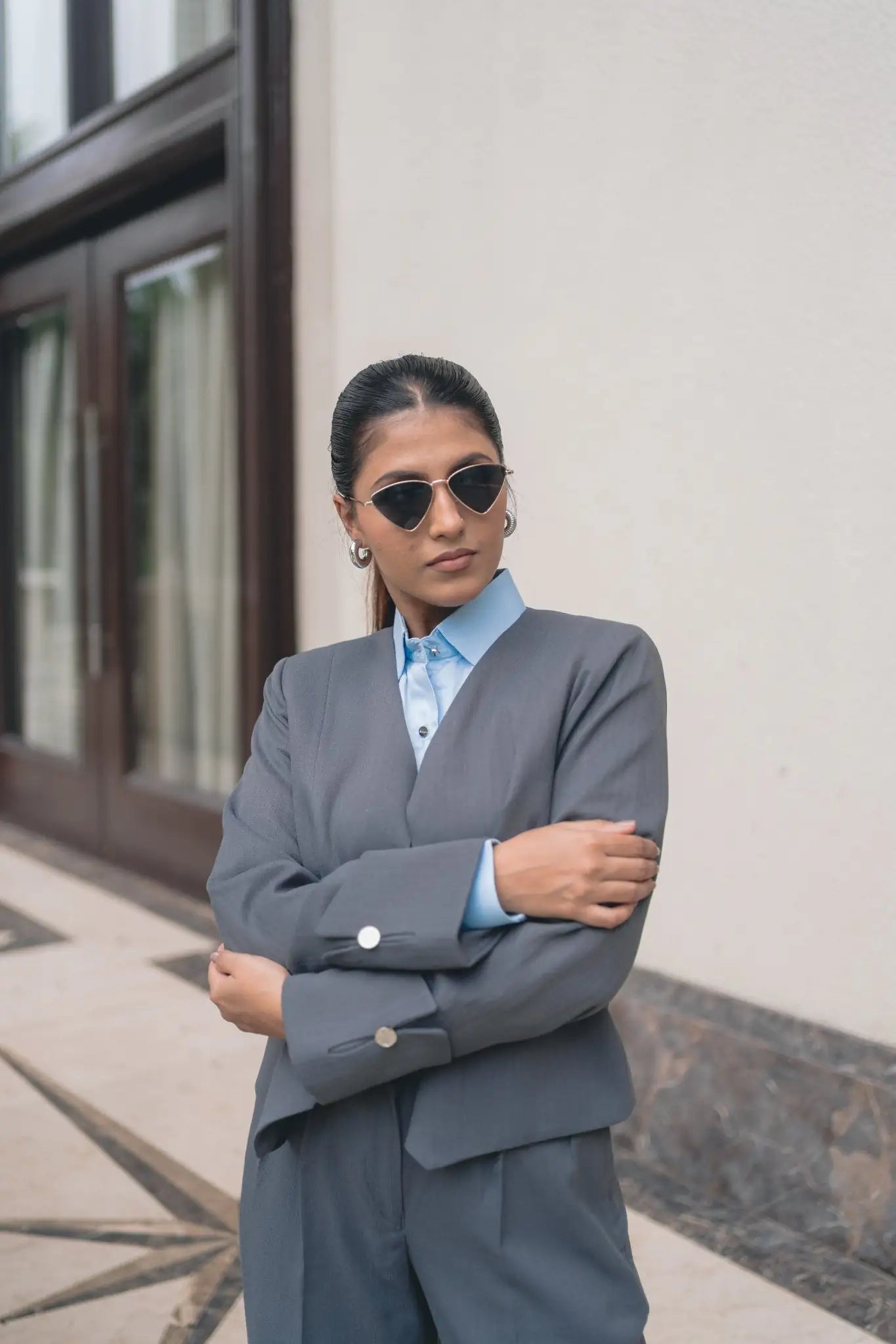 , MidWeek Women's Formal Wear - Workwear Style India, Gunmetal Grey Jacket Set - Midweek - Set