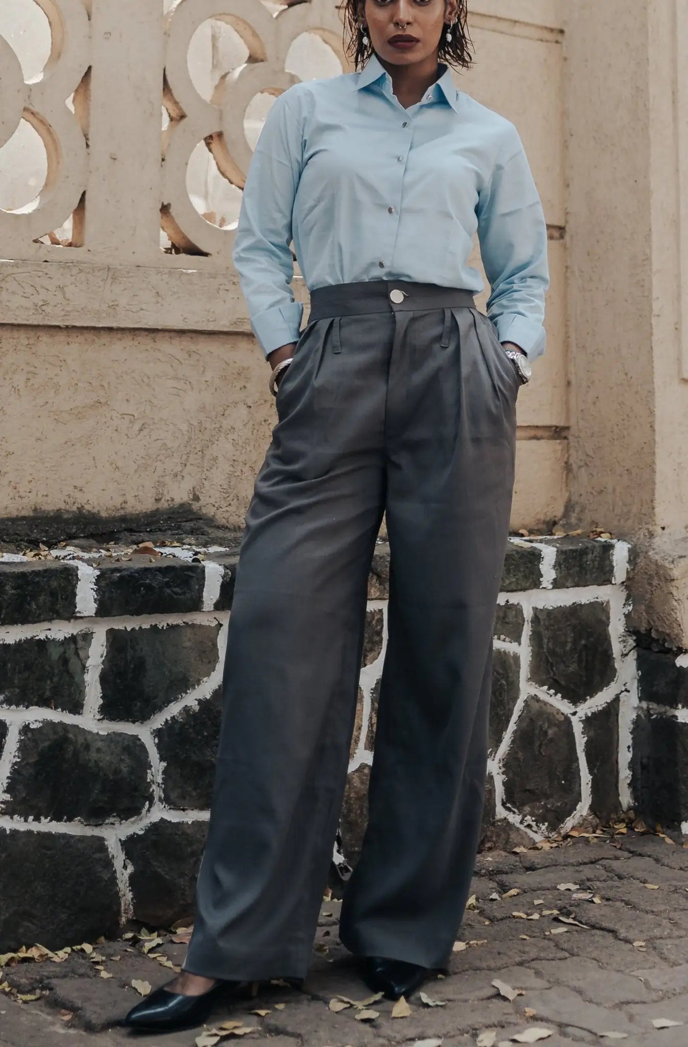 , MidWeek Women's Formal Wear - Workwear Style India, Gunmetal Grey Wide Leg Pants - Midweek - Pants
