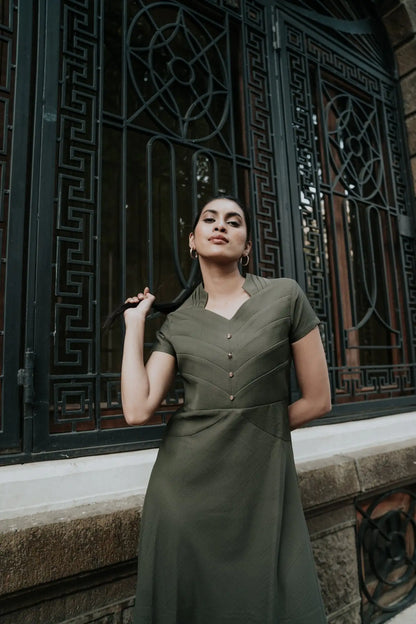 , MidWeek Women's Formal Wear - Workwear Style India, Military Luxe Panel Detailed Dress - Midweek - Dress