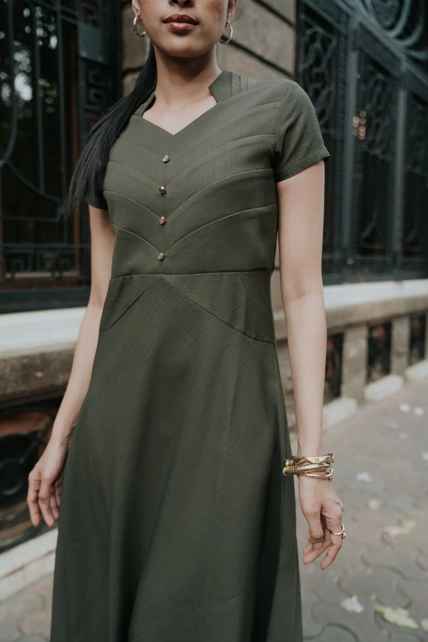 , MidWeek Women's Formal Wear - Workwear Style India, Military Luxe Panel Detailed Dress - Midweek - Dress