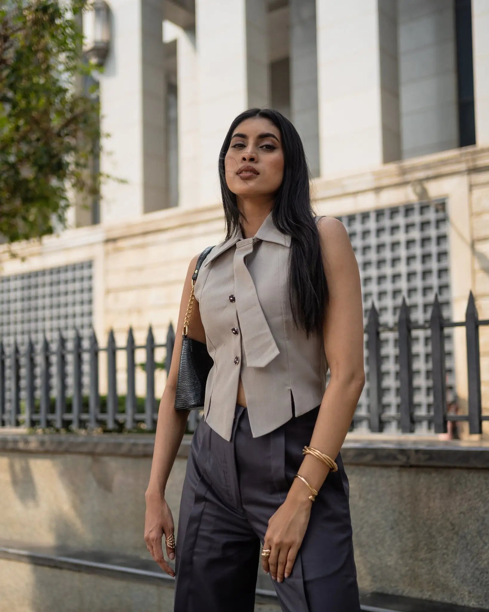 Oat Grey waistcoat back view — women's formal waistcoat, Midweek