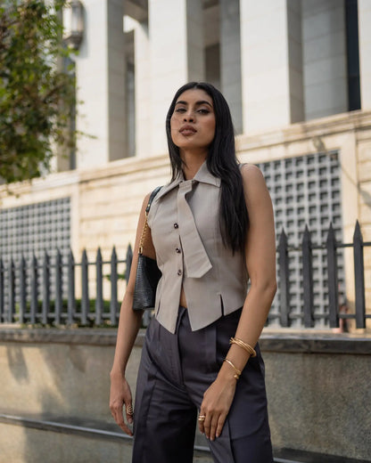 Oat Grey waistcoat back view — women's formal waistcoat, Midweek