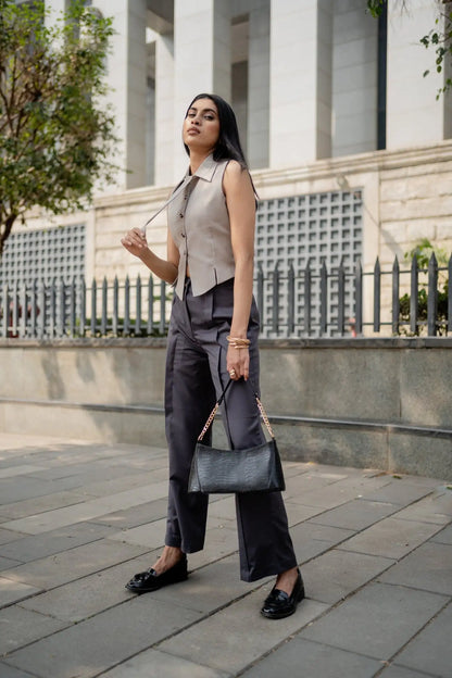 Oat Grey waistcoat styled look — women's formalwear with detachable tie, Midweek