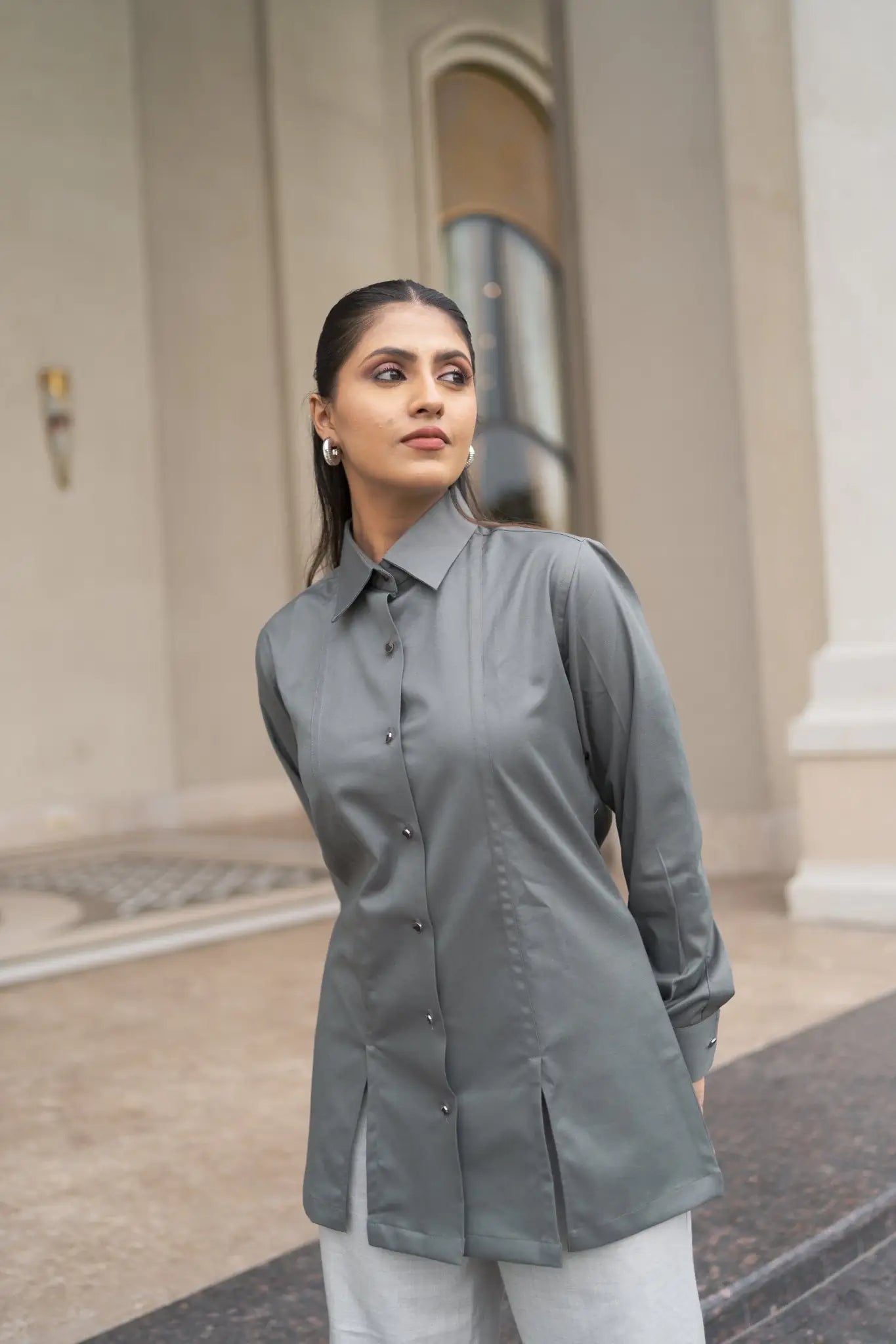 Regal Ash Long Shirt, MidWeek Women's Formal Wear - Workwear Style India, Regal Ash Long Shirt - Midweek - Shirt