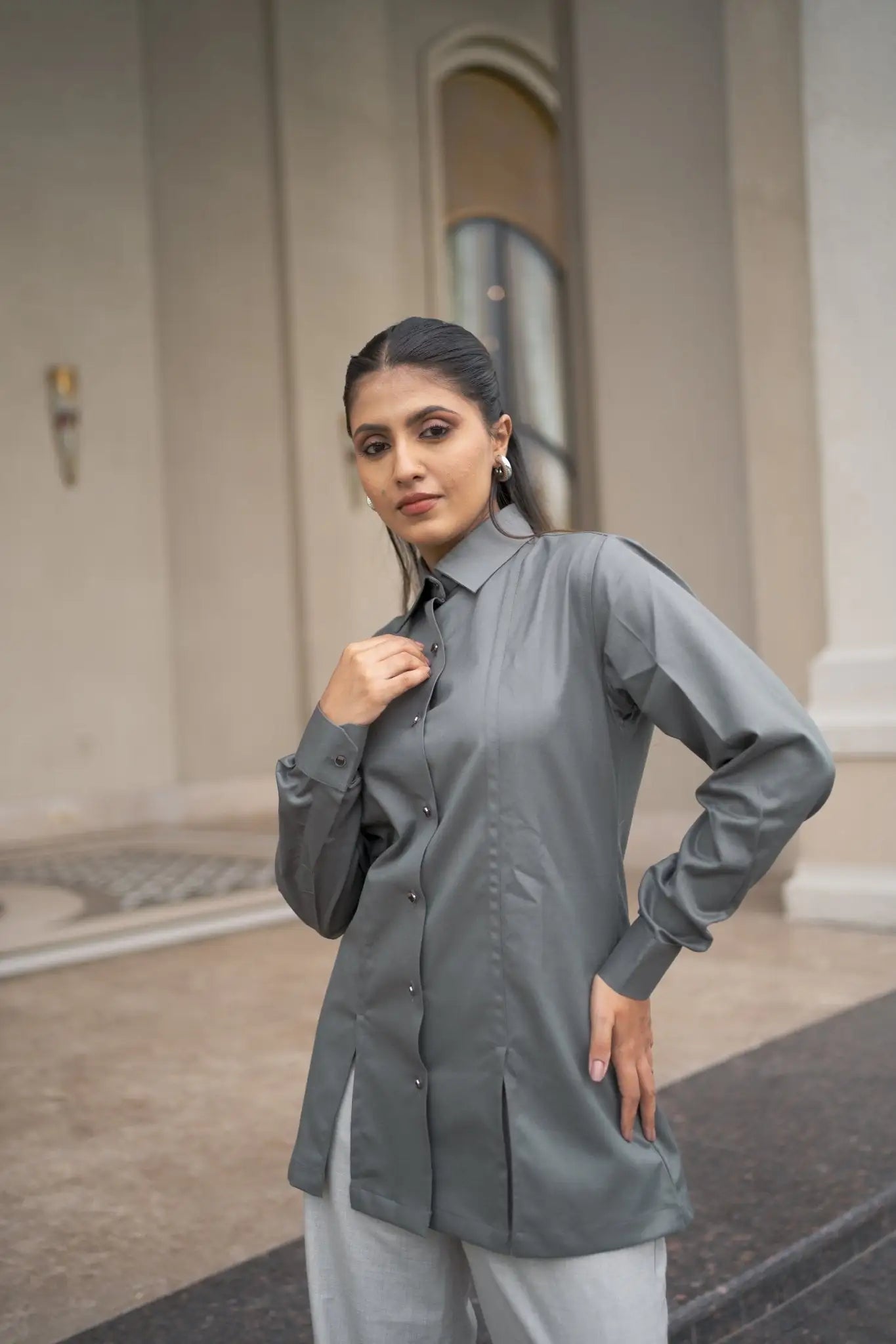 , MidWeek Women's Formal Wear - Workwear Style India, Regal Ash Long Shirt - Midweek - Shirt