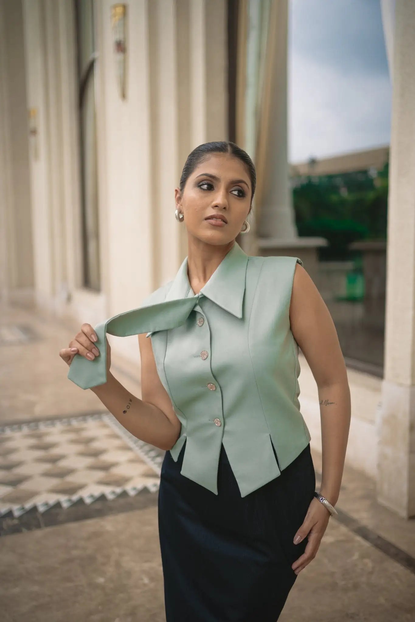 Sage Green waistcoat styled look — women's formalwear with detachable tie, Midweek