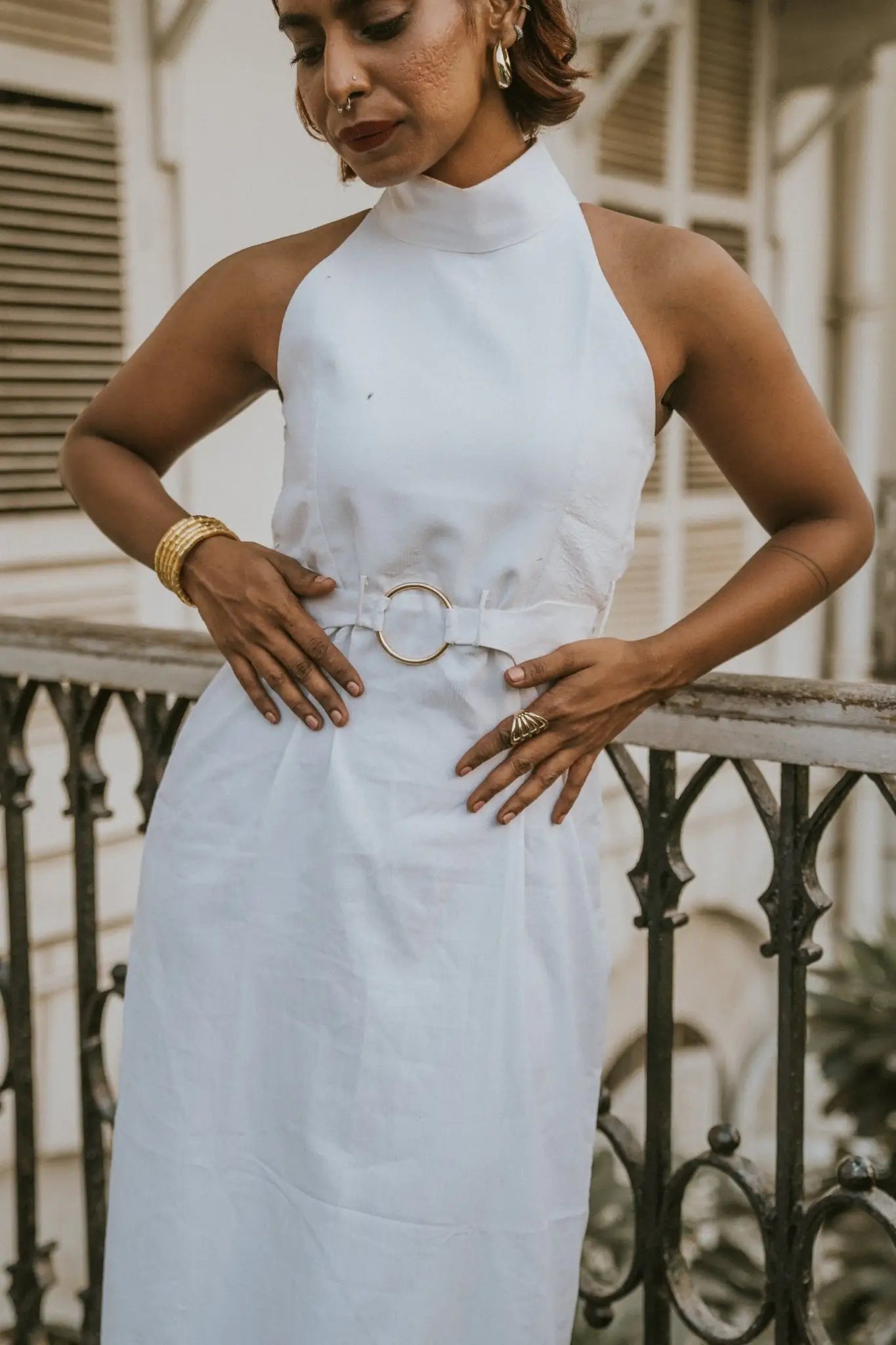 , MidWeek Women's Formal Wear - Workwear Style India, Stonewhite Chalk Halter Neck Dress - Midweek - Dress