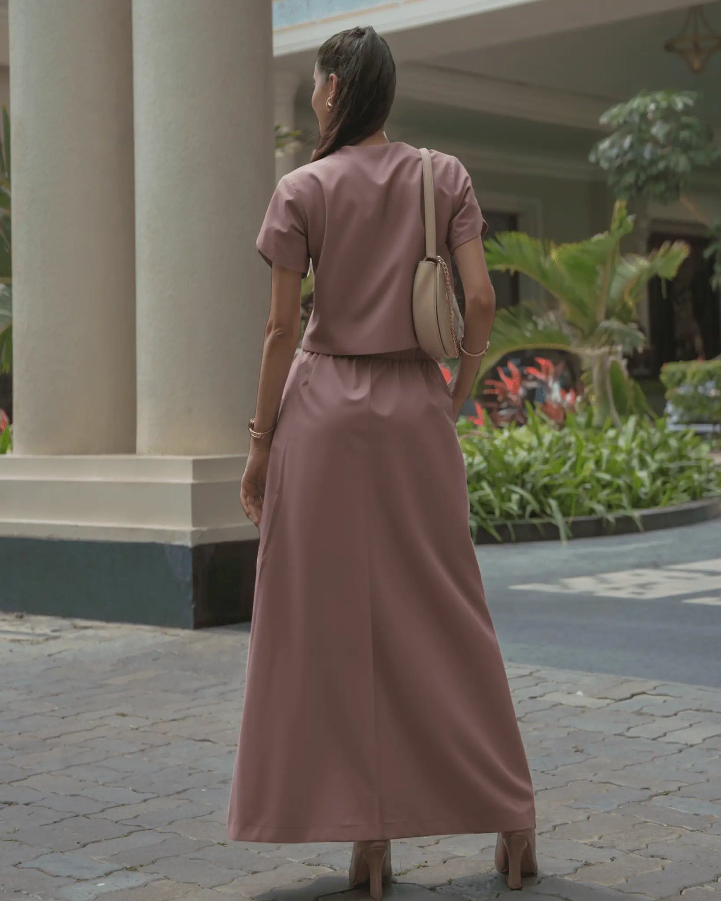 Terracotta Blush waistcoat styled look — women's formalwear, Midweek